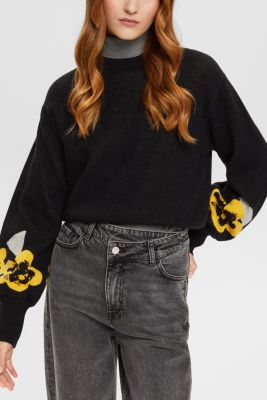 Puff sleeve cropped jumper with floral jacquard