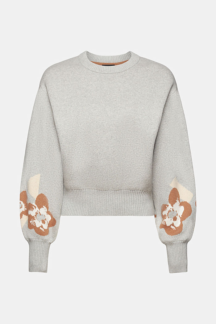 Puff sleeve cropped jumper with floral jacquard, LIGHT GREY, detail-asia image number 6