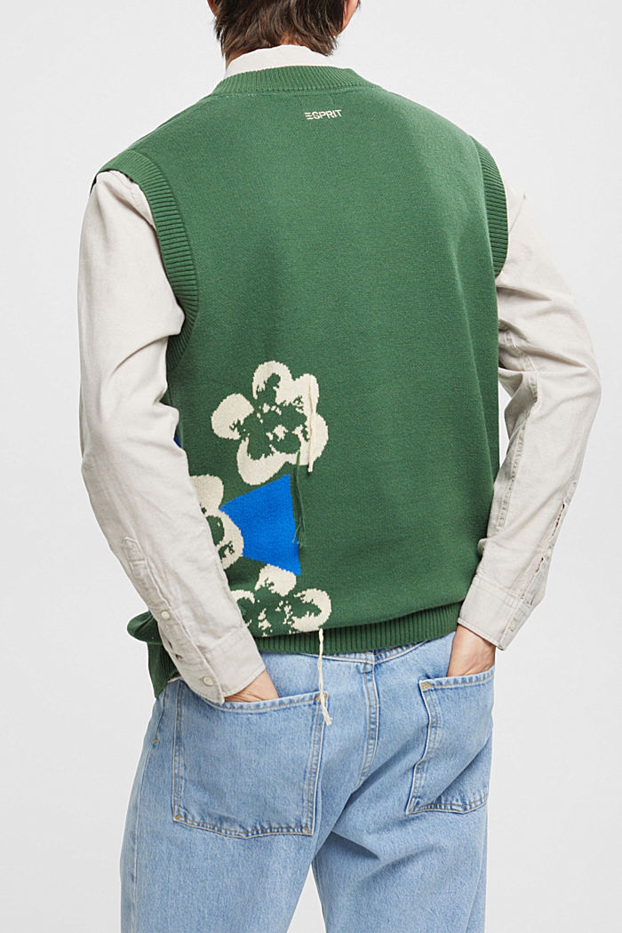 플로럴 자카드 패턴 V넥 스웨터 베스트, DARK GREEN, detail-asia image number 1