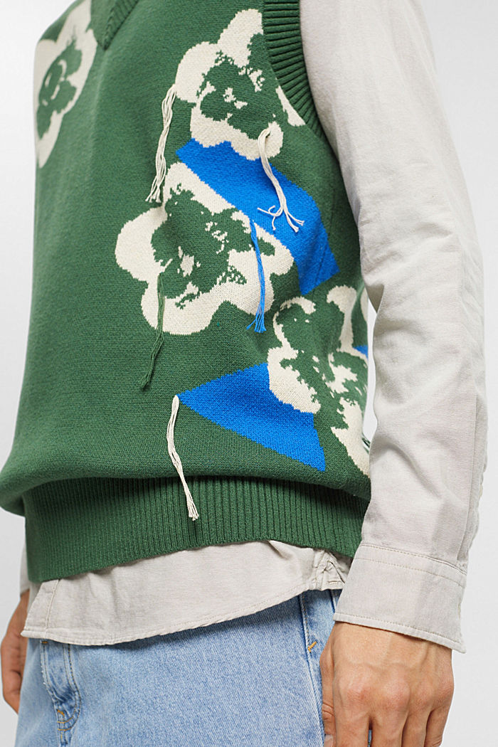 플로럴 자카드 패턴 V넥 스웨터 베스트, DARK GREEN, detail-asia image number 4