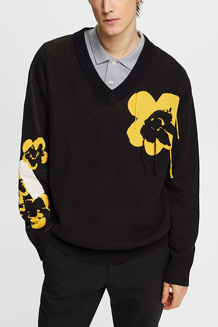 V-neck jumper with floral jacquard pattern, BLACK, detail-asia image number 0