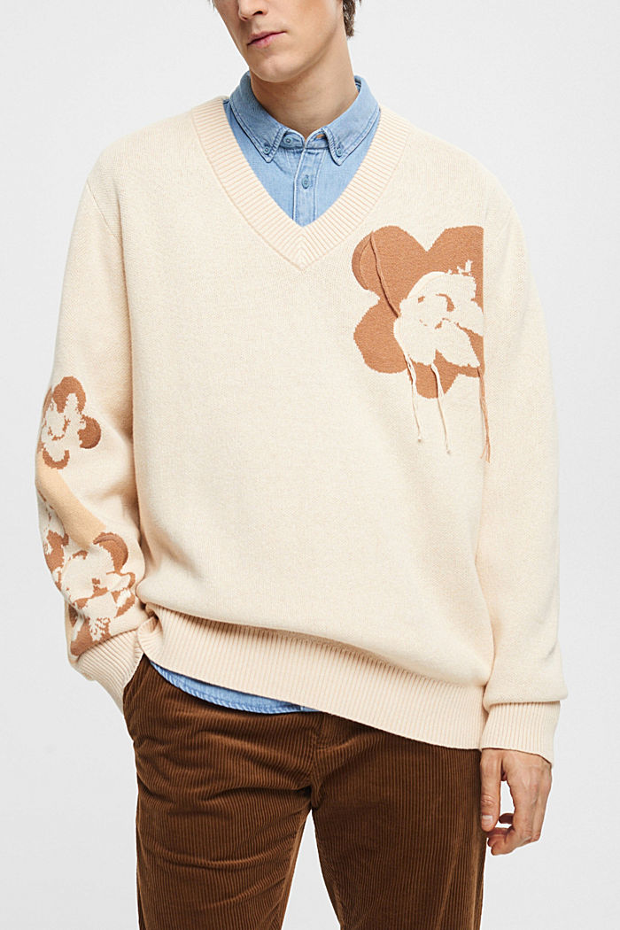 V-neck jumper with floral jacquard pattern