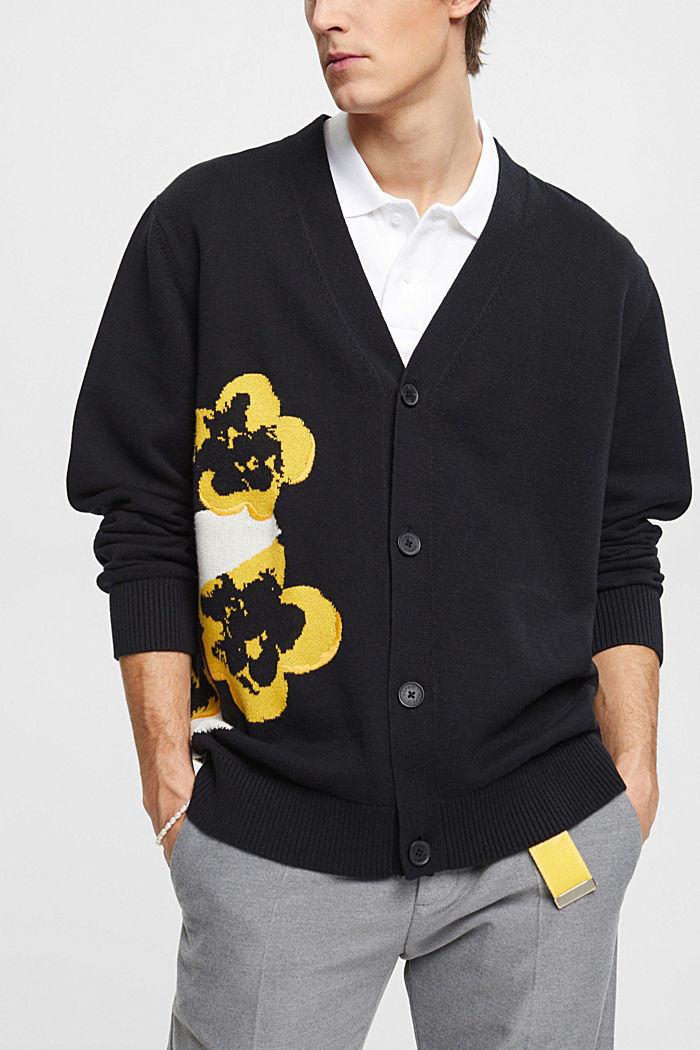 Cardigan with floral jacquard pattern, BLACK, detail-asia image number 0