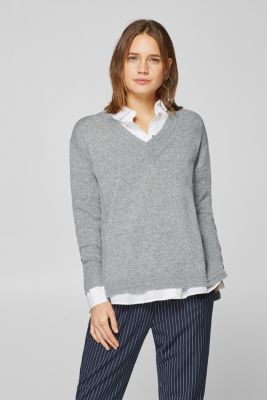 Esprit - With wool/cashmere: Oversized V-neck jumper at our Online Shop
