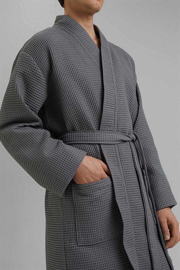 Men's bathrobe made of waffle piqué, cotton, ANTHRACITE, detail image number 2