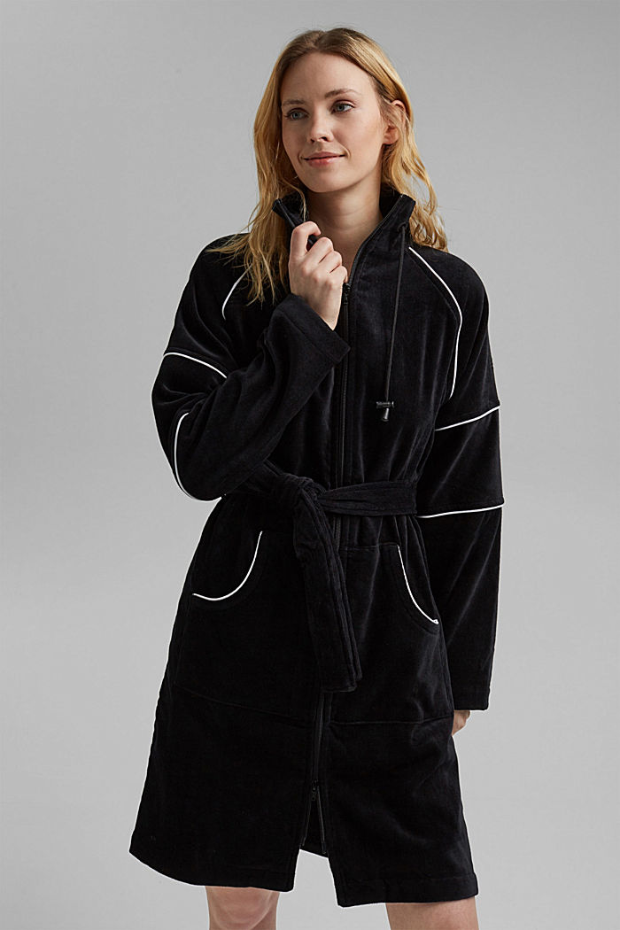 Velour bathrobe, zip-fastening, BLACK, detail image number 1