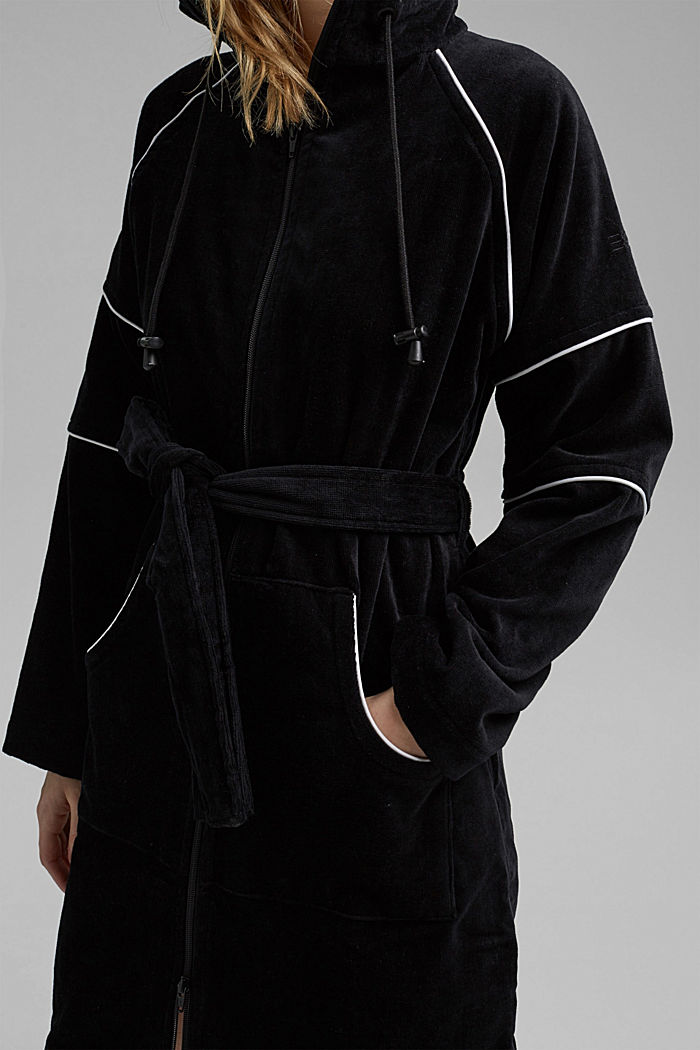 Velour bathrobe, zip-fastening, BLACK, detail image number 3