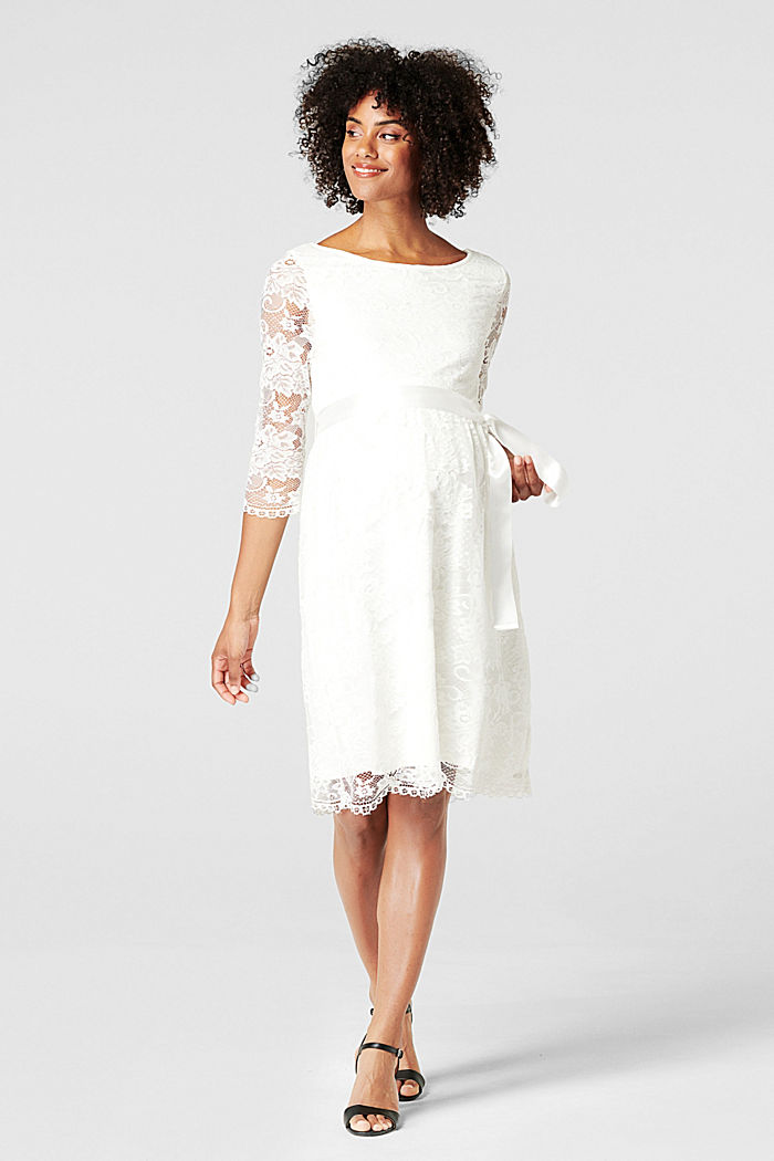 Vestido de encaje floral elástico, OFF WHITE, overview