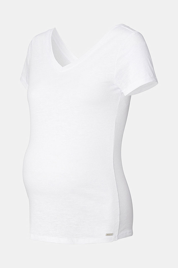 Mit Leinen: T-Shirt mit doppeltem V-Ausschnitt, BRIGHT WHITE, overview