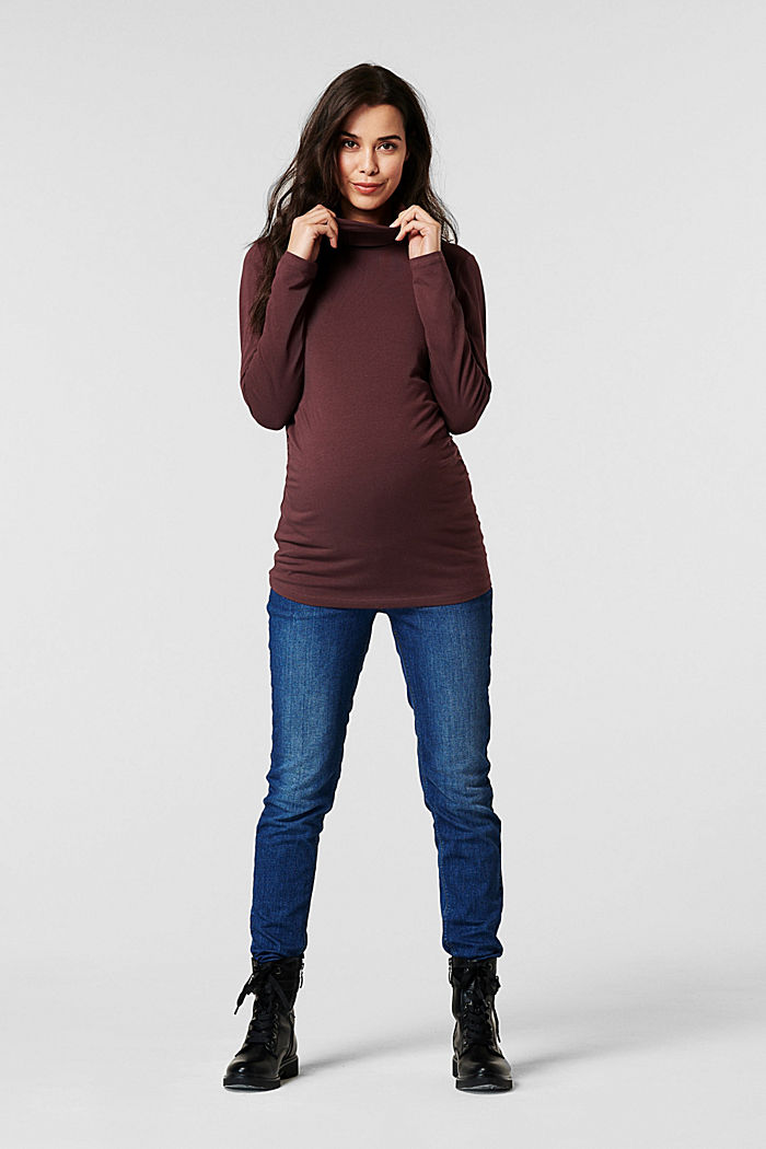Polo neck long sleeve top made of organic cotton, COFFEE, overview