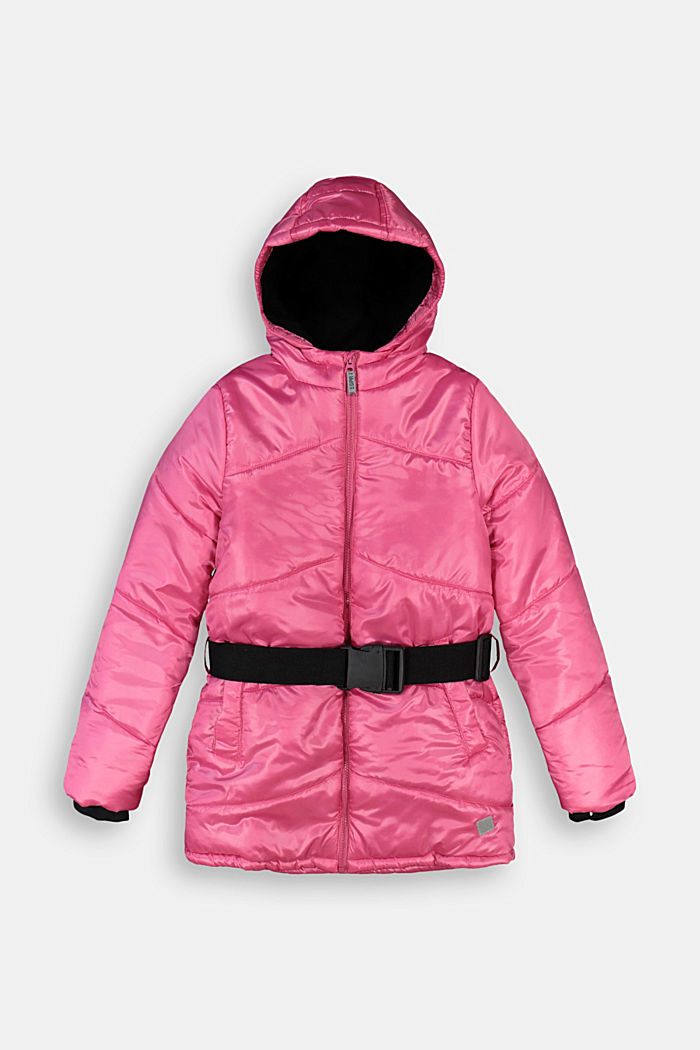 Padded jacket with belt and fleece lining