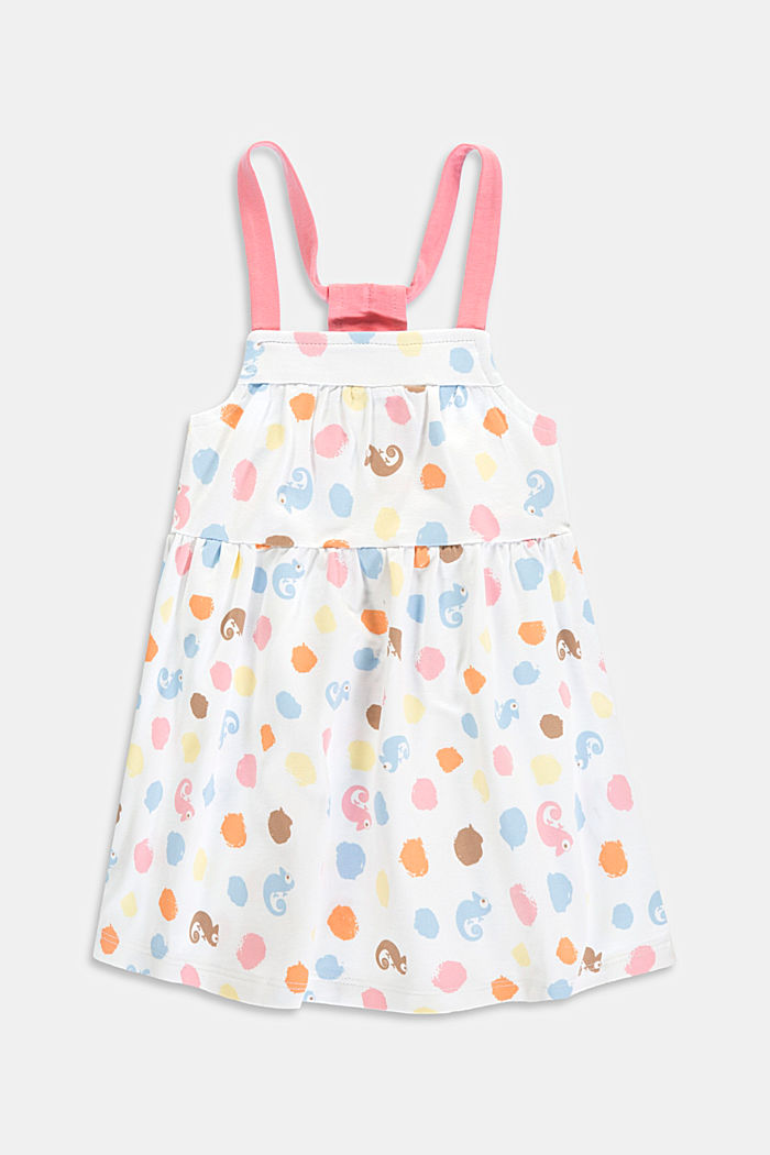 Dungaree dress with a chameleon print, organic cotton