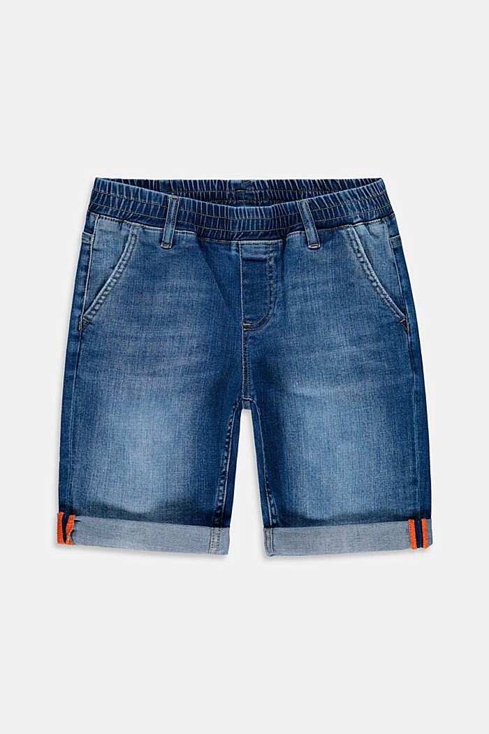 Short en jean à taille élastique, en coton, BLUE MEDIUM WASHED, overview