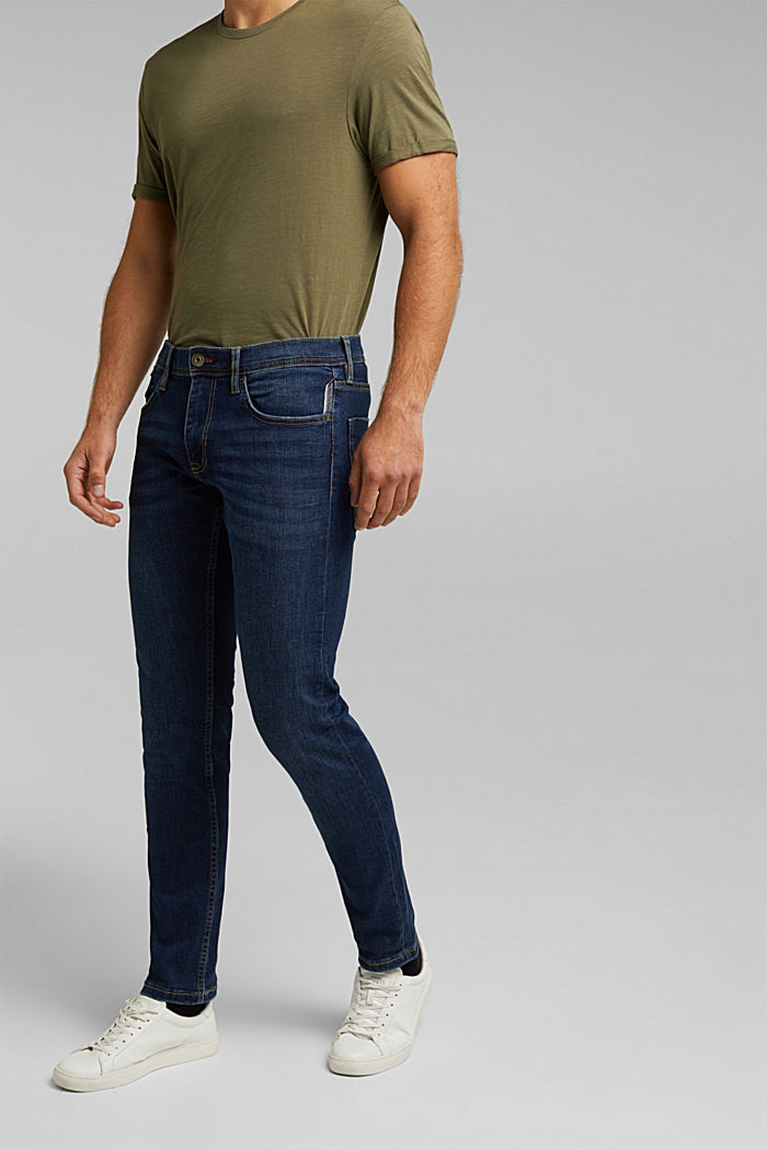 Stretch jeans containing organic cotton, BLUE DARK WASHED, overview