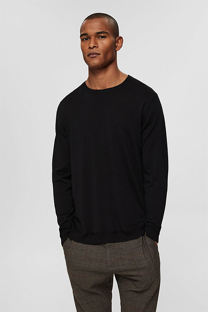 100% wełny merynosowej: sweter z okrągłym dekoltem, BLACK, overview