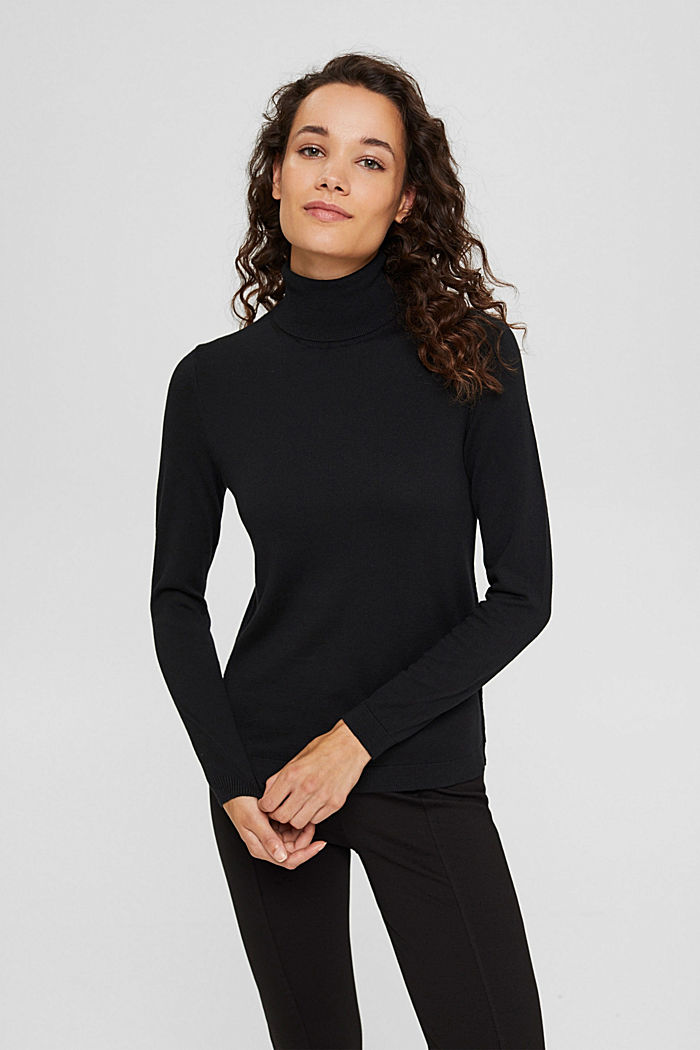 Polo neck jumper with organic cotton, BLACK, overview