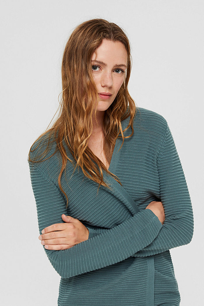 Open ribbed cardigan made of organic cotton, TEAL BLUE, detail image number 5