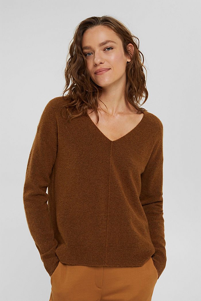 Wool blend: V-neck jumper, TOFFEE, detail image number 0