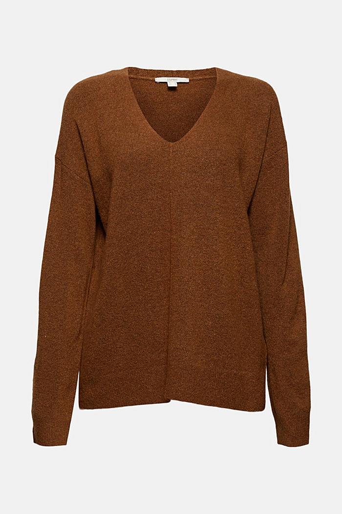Con lana: jersey de cuello en pico, TOFFEE, overview