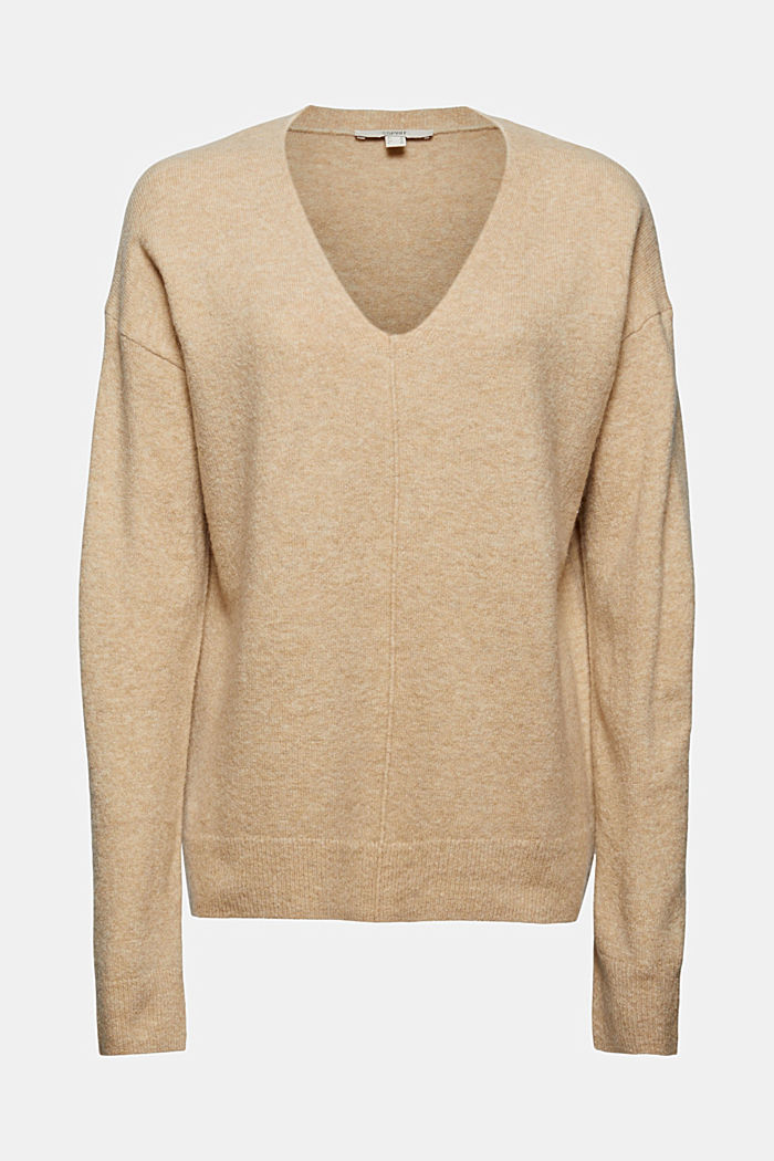 Wool blend: V-neck jumper, SAND, overview