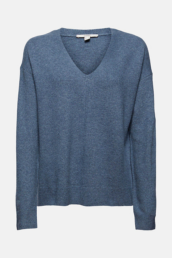 Con lana: jersey de cuello en pico, GREY BLUE, overview