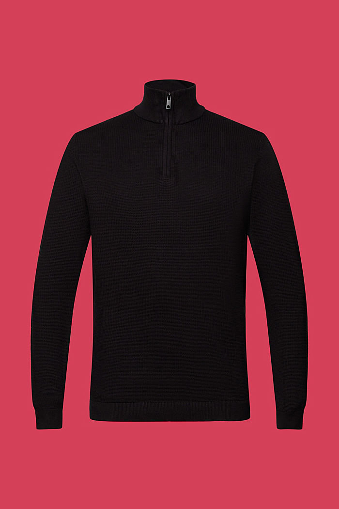 Zip-neck jumper made of 100% Pima cotton, BLACK, overview