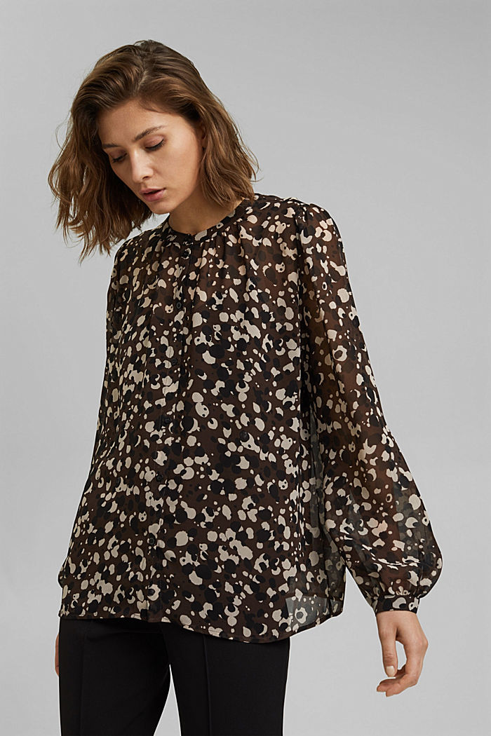 Gerecycled: chiffon blouse met print, DARK BROWN, detail image number 0