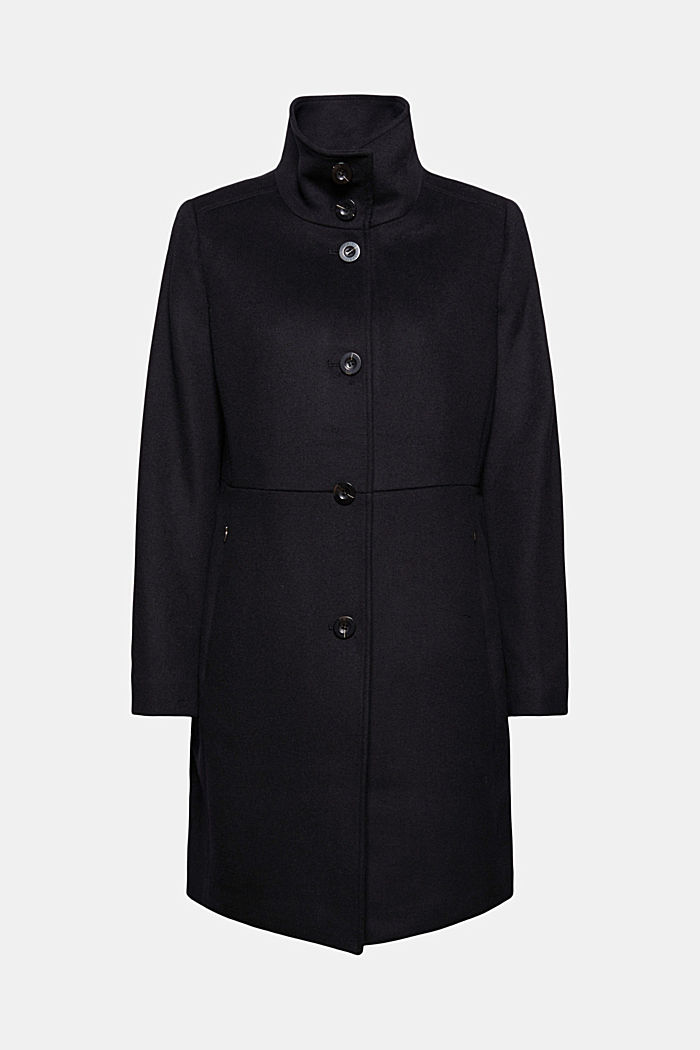 En mezcla de lana: abrigo con cuello alto, BLACK, overview