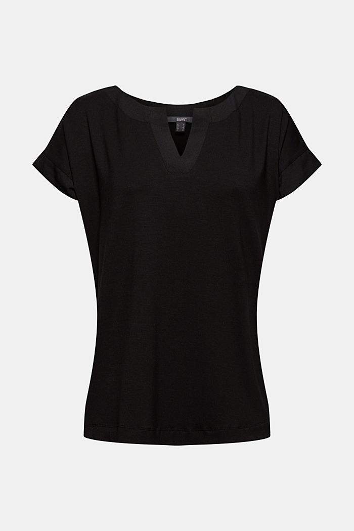 T-shirt met lyocell en chiffon details, BLACK, overview