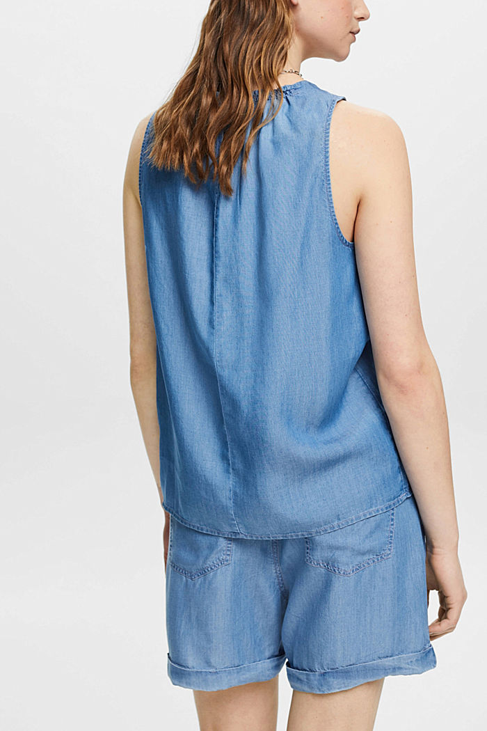 Faux-denim sleeveless blouse with ruffled neckline, BLUE MEDIUM WASHED, detail-asia image number 3