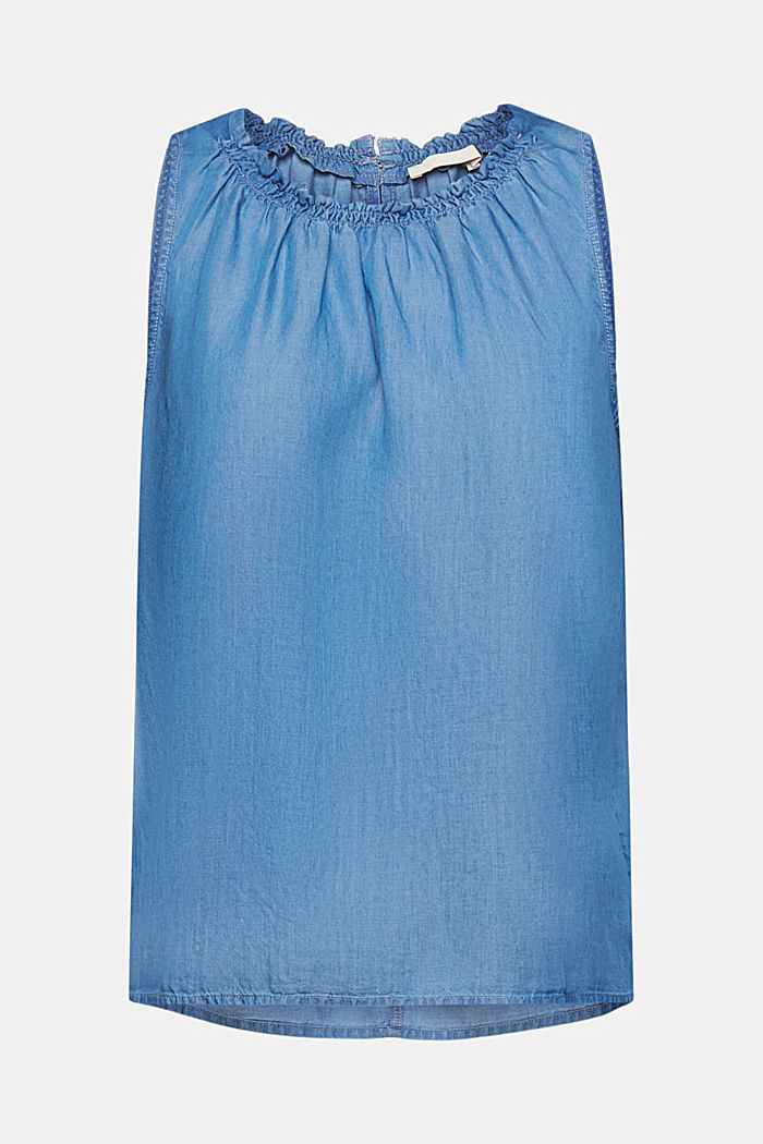 Faux-denim sleeveless blouse with ruffled neckline, BLUE MEDIUM WASHED, detail-asia image number 7