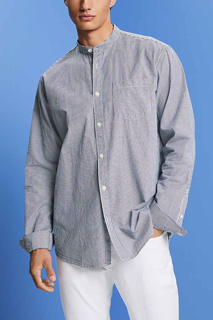 Pinstripe cotton shirt with mandarin collar, NAVY, detail-asia image number 0