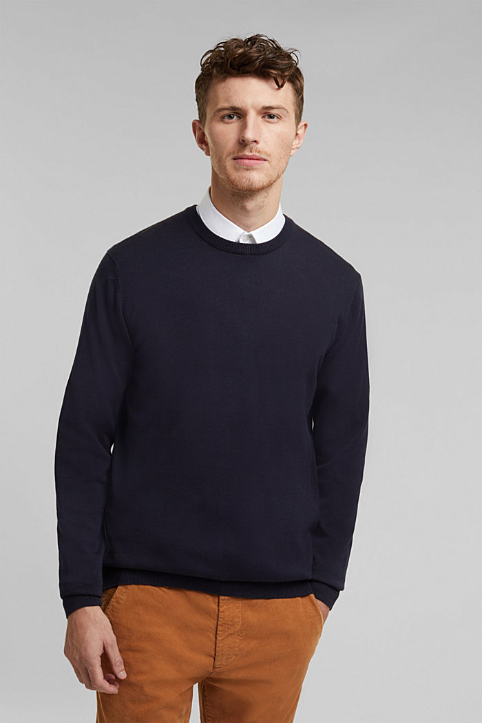 Sweter z okrągłym dekoltem, 100% bawełny, NAVY, overview