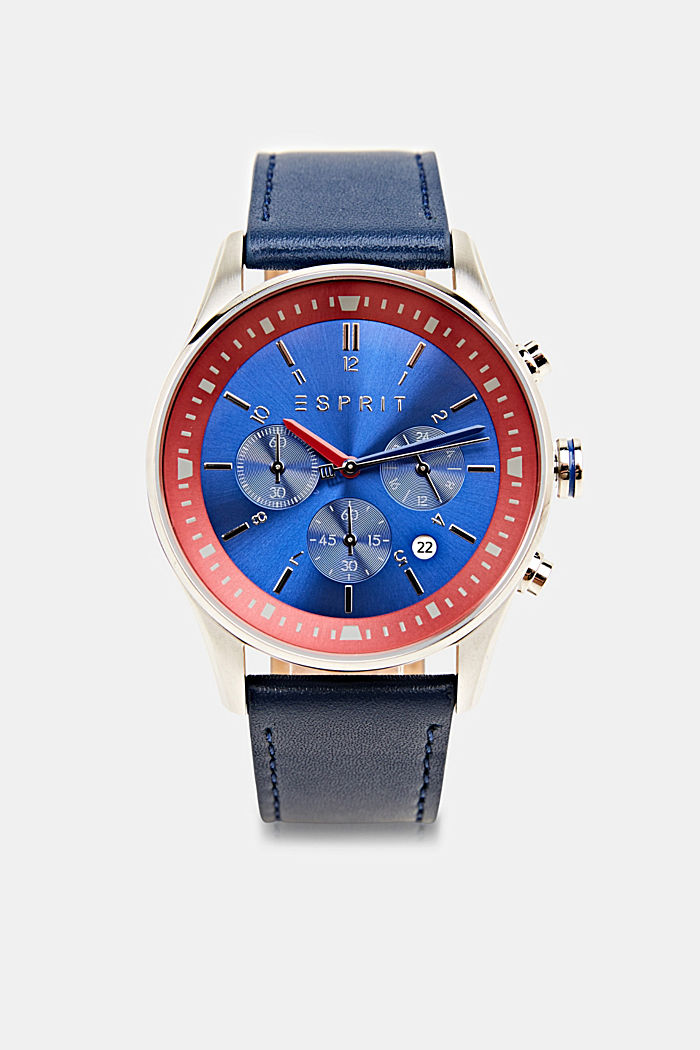 Chronograf ze stali szlachetnej ze skórzaną bransoletką, BLUE, detail image number 0