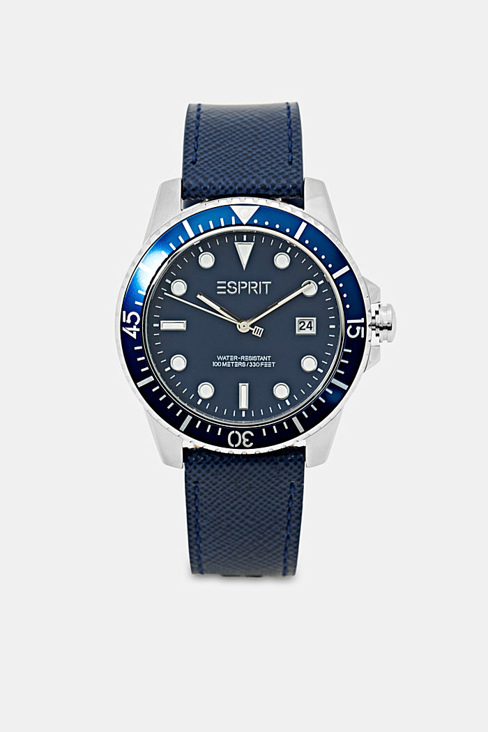 Zegarek ze stali szlachetnej ze skórzaną bransoletką, BLUE, overview