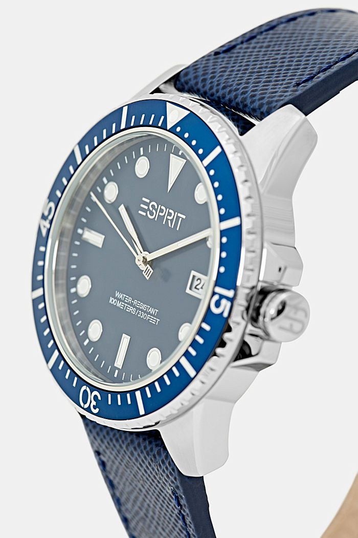 Zegarek ze stali szlachetnej ze skórzaną bransoletką, BLUE, detail image number 1