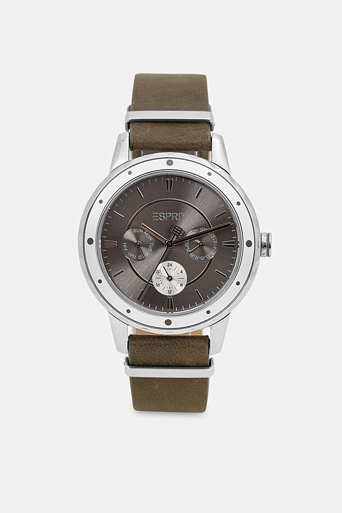 Zegarek wielofunkcyjny ze skórzaną bransoletą, GREY, overview