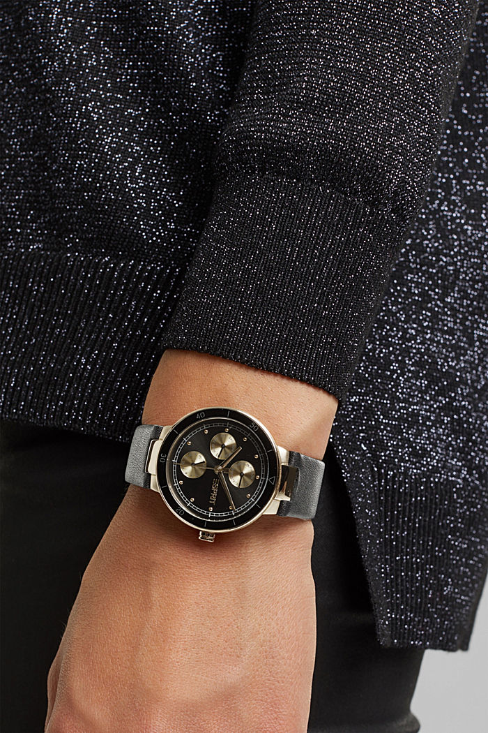 Zegarek wielofunkcyjny z paskiem ze skóry, BLACK, detail image number 2