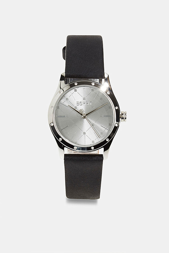 Edelstahl-Uhr mit Zirkonia und Leder-Armband