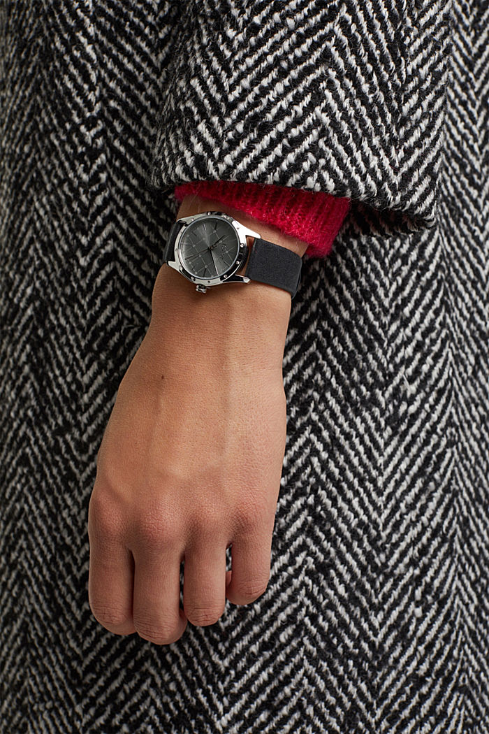 Edelstahl-Uhr mit Zirkonia und Leder-Armband