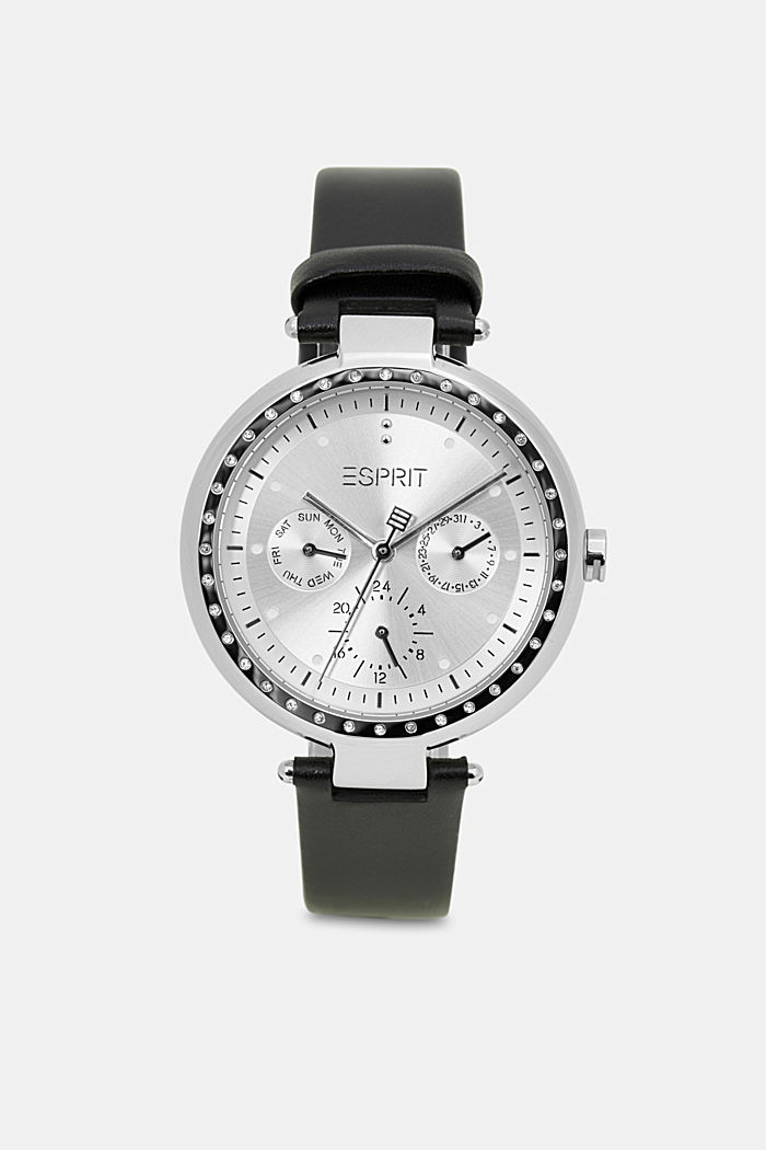 Zegarek wielofunkcyjny ze skórzaną bransoletą, BLACK, detail image number 0