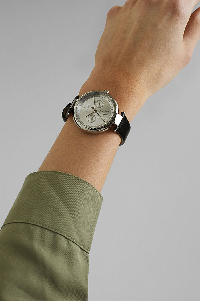 Zegarek wielofunkcyjny ze skórzaną bransoletą, BLACK, detail image number 2