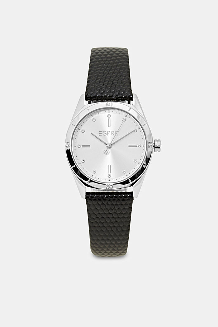 Zegarek ze stali szlachetnej z fakturalnym skórzanym paskiem, BLACK, overview