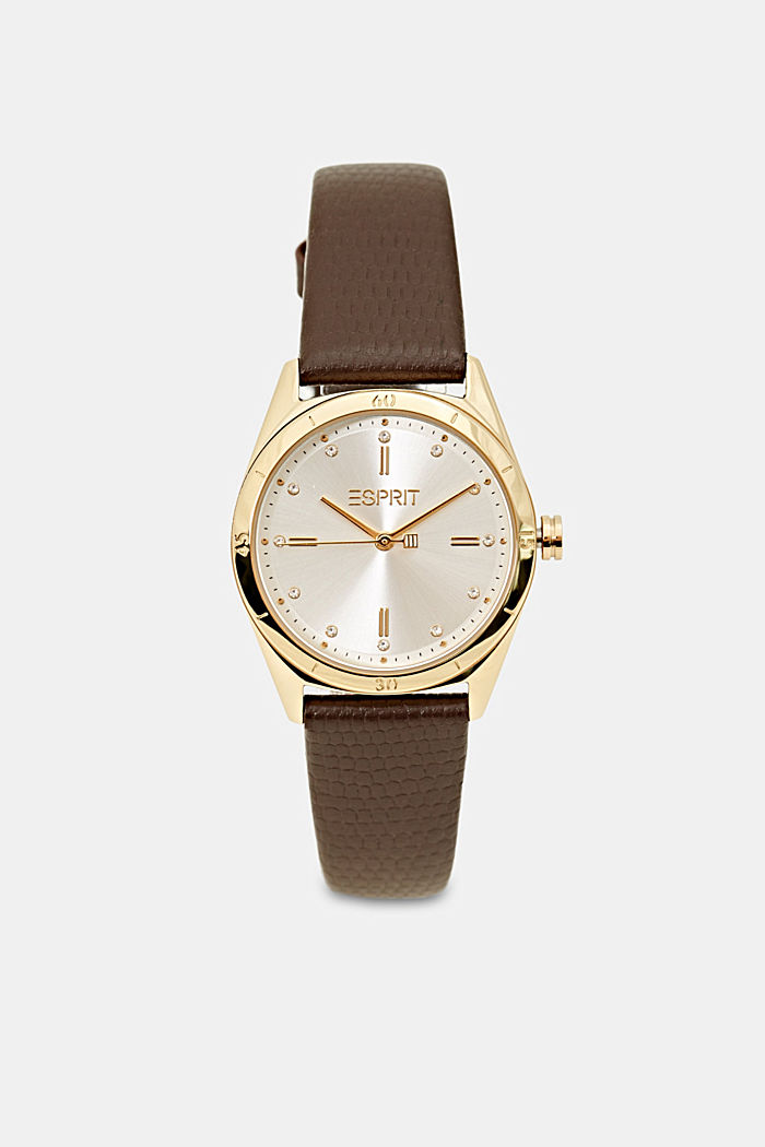 Zegarek ze stali szlachetnej z fakturalnym skórzanym paskiem, BROWN, detail image number 0
