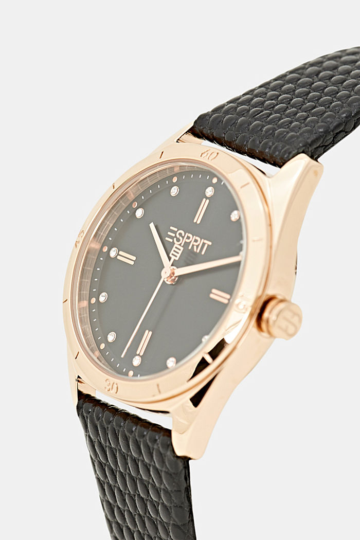 Zegarek ze stali szlachetnej z fakturalnym skórzanym paskiem, BLACK, detail image number 1