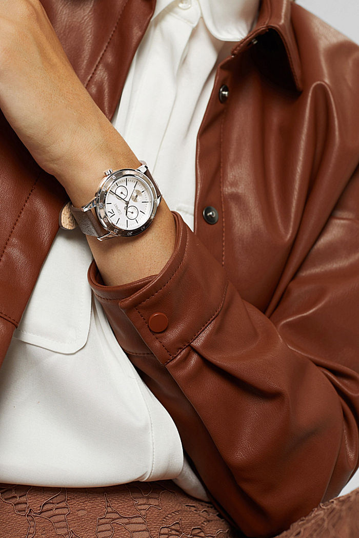 Wielofunkcyjny zegarek ze skórzaną bransoletką, DARK BROWN, detail image number 2