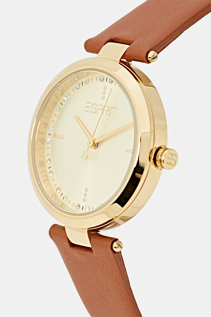 Zegarek ze stali szlachetnej ze skórzaną bransoletką i cyrkoniami, BROWN, detail image number 1