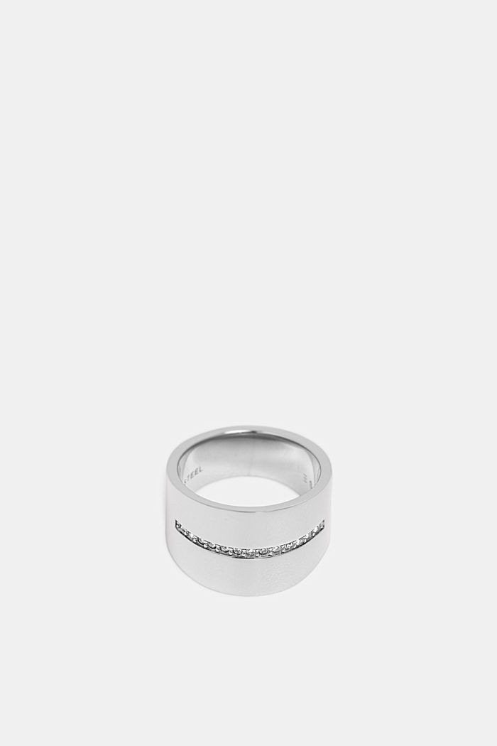 Široký prsten s řadou zirkonů, nerezová ocel